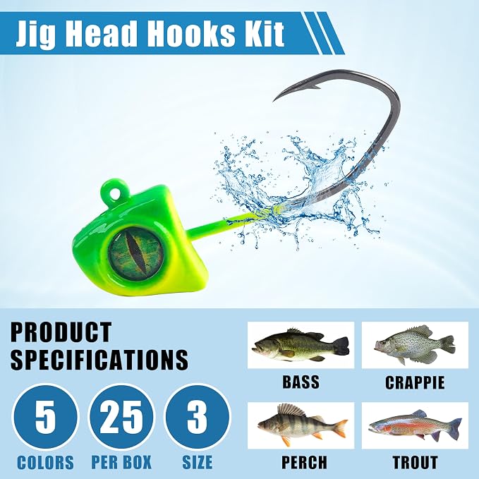 Crappie Jig Heads 25pcs Fishing Jig Head Hooks with 3D Eye Swimbait Jig Heads Soft Lures Fishing Hooks for Walleye Bass Bluegill Crappie 1/32oz 1/16oz 1/8oz