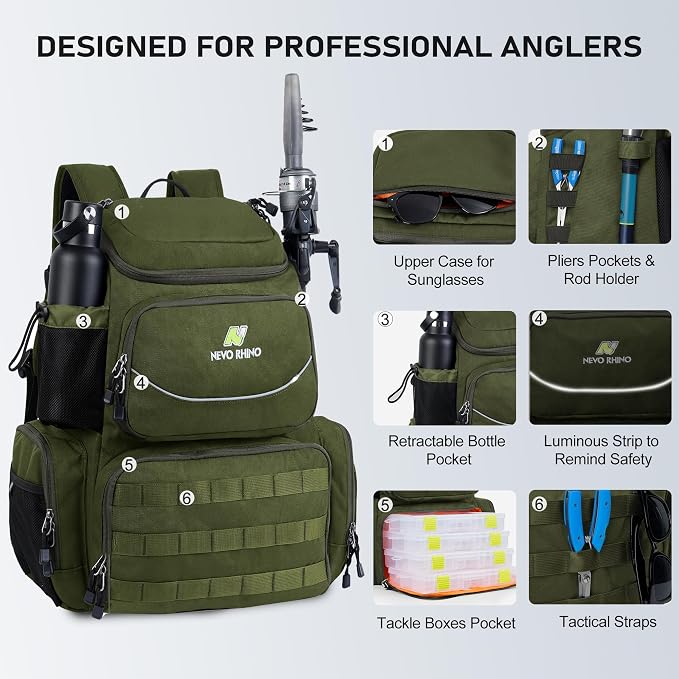 N NEVO RHINO Fishing Tackle Backpack with Rod Holders, 40L Large Fishing Bag with Waterproof Rain Cover,Outdoor Tackle Bag