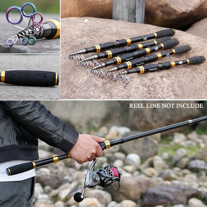 Sougayilang Telescopic Fishing Rod – 24 Ton Carbon Fiber Ultralight, Portable Retractable Handle, CNC Reel Seat, Stainless Steel Guides for Bass, Trout, Salmon, Panfish