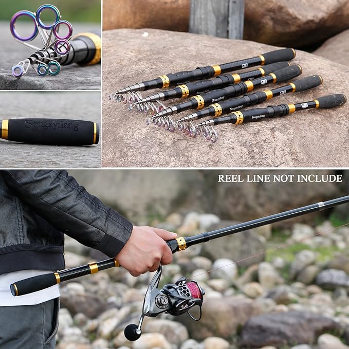Sougayilang Telescopic Fishing Rod – 24 Ton Carbon Fiber Ultralight, Portable Retractable Handle, CNC Reel Seat, Stainless Steel Guides for Bass, Trout, Salmon, Panfish