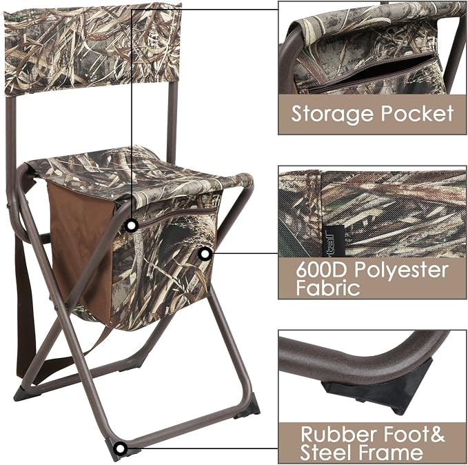 PORTAL Folding Seat, Lightweight Backrest Stool Hunting Fishing Chair with Storage Pocket for Camping, Hiking, Beach, Picnic, Support Up to 225 lbs, Camouflage