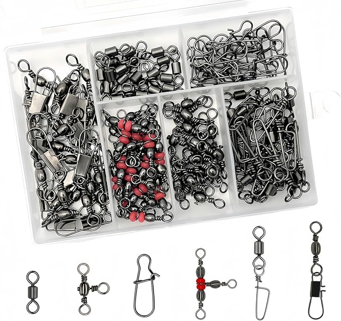 110Pcs Strong Fishing Snap Swivels Kit, Include Rolling Barrel Swivels, Premium 3 Ways Fish Line Connector with Snaps Clips, Fishing Terminal Accessories Tackle Box for Lures Sinkers