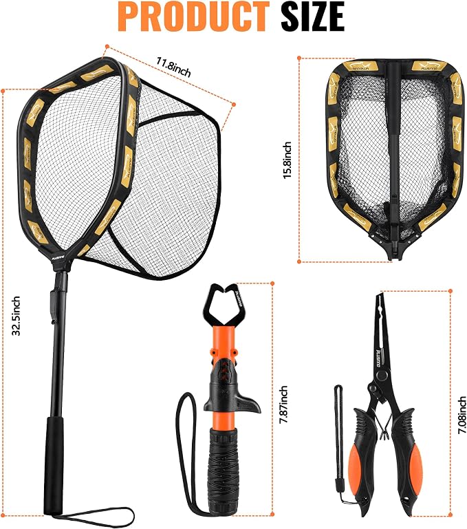 PLUSINNO Floating Fishing Net for Steelhead, Salmon, Fly, Kayak, Catfish, Bass, Trout Fishing, Rubber Coated Foldable Landing Net with Fixed or Telescoping Pole Handle, Fishing Gear and Gifts for Men