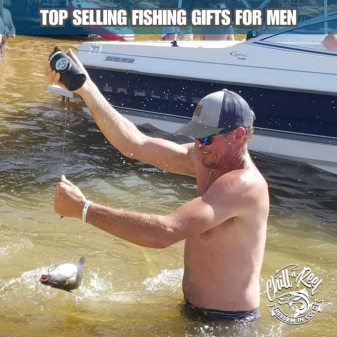 Made in USA | Fishing Can Cooler from Shark Tank | Hard Shell Drink Holder with Hand Line Reel | Fits Most Can Sleeves or Coozies | Unique Fishing Gift for Men | Retail Box Packaging | Black