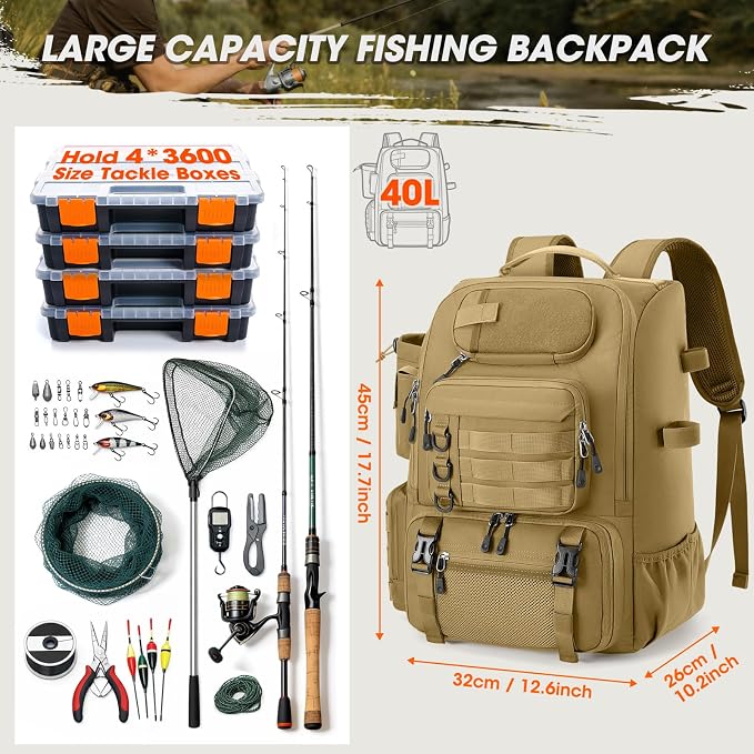 RAINSMORE Fishing Backpack with Rod Holders & Cooler 40L Water Resistant Tackle Backpack with Rain Cover Store Fishing Gear