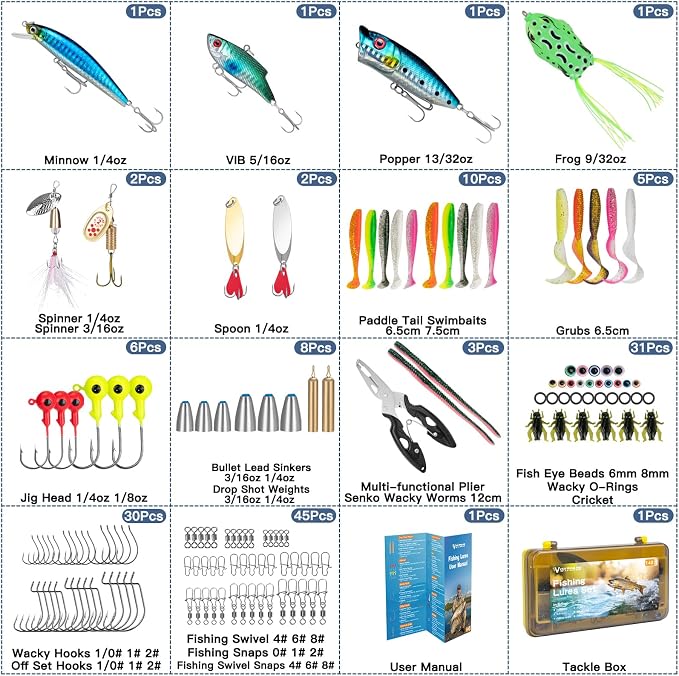 WITOROR Fishing Lures, Tackle Box with Tackle Included, Crankbaits, Spoon, Hooks, Weights & Other Accessories, Fishing Bait Lure Gear Kit Gifts for Men Bass Freshwater