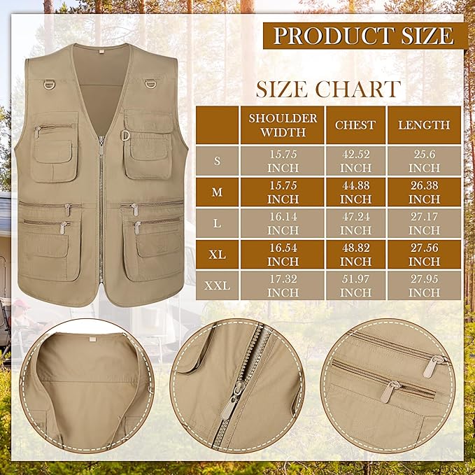 Janmercy 2 Pieces Men's Work Fishing Vest with Hat Lightweight Safari Travel Hunting Waistcoat With Multi Pockets Fishing Hat