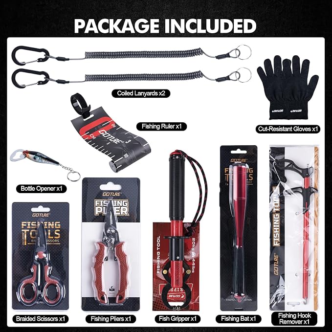 Goture Fishing Tool Kit,Fishing Pliers,Fillet Knife with Sheath,Fish Lip Gripper,Fish Hook Remover,Lanyard,Line Scissors,Sharpener,Stainless Steel Soap,Saltwater Gear Kit,Red/Pink,Gifts for Men/Women