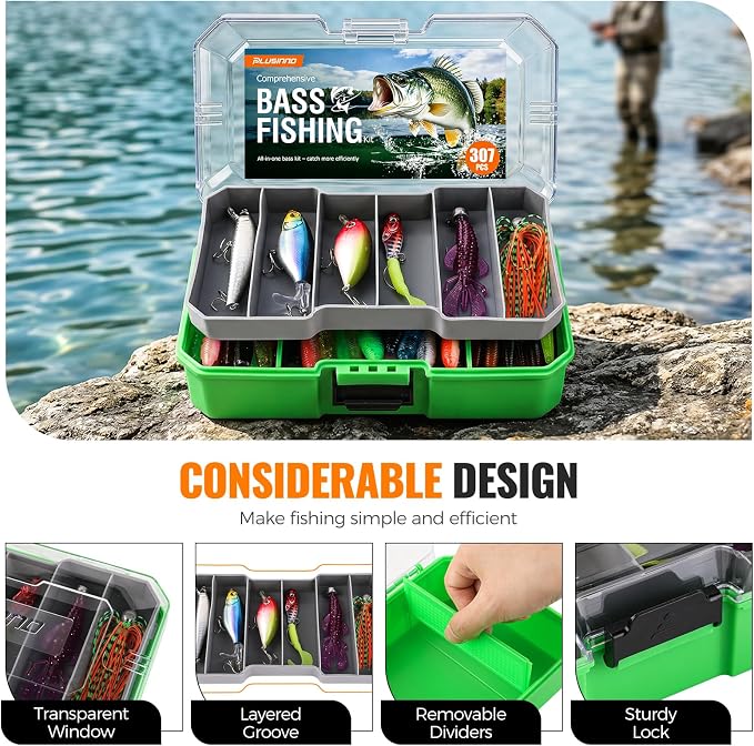 PLUSINNO Bass Fishing Lures - 307PCS Professional Bass Fishing Kit with 6 Pre-Rigged Rigs, All Water Depths Fishing Tackle Box Kit, Fishing Gear Lure Kit Gift for Men Freshwater Bass Trout Walleye