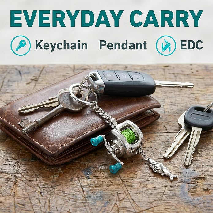 Fishing Reel Necklace, Mini Fishing Reel Necklace with Rotating Handle & Moving Line Guide, Unique Fishing Gear Keychain Spinning Reel Key Holder