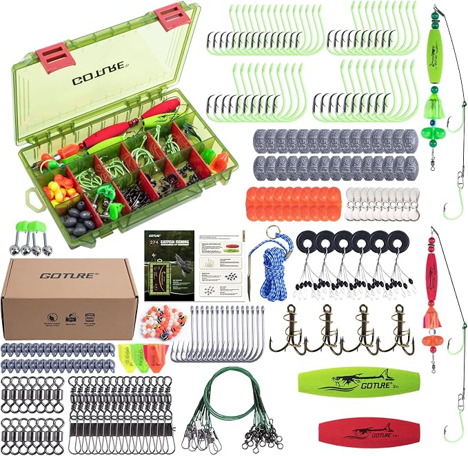 Goture Catfish Rig Making Kit,274pcs/300pcs Catfishing Tackle with Luminous Fishing Hook Swivel Sinker Weights Rattle Float Bobber Stoppers,Catfish Rigs Accessories with 3600 Tackle Box,Gifts for Men