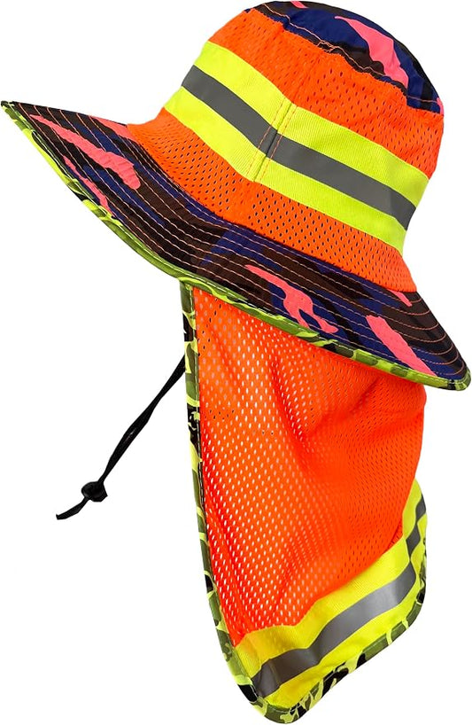 Men High Visibility Reflective Sun Hat with Neck Flap Wide Brim Boonie Hat Bucket Cap