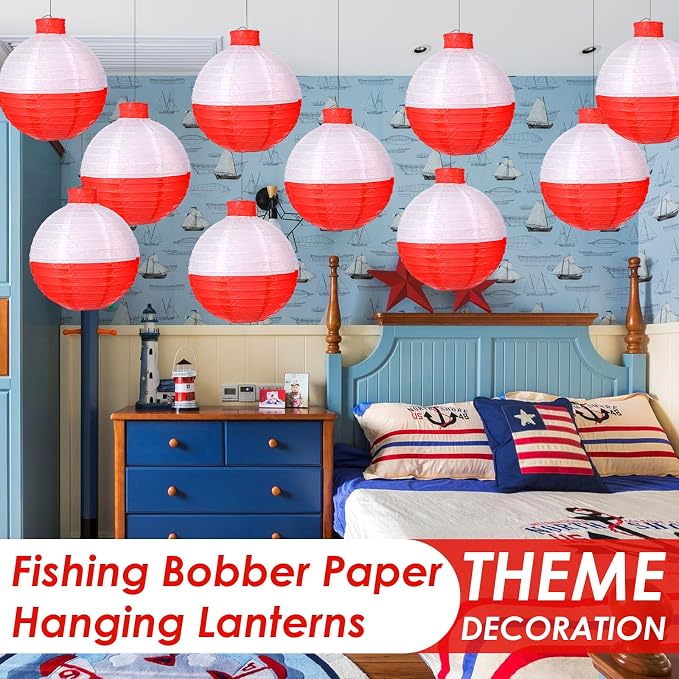12 Pcs Fishing Bobber Lanterns, 8 Inch Hanging Fishing Bobber Paper Lantern Round Red and White Hanging Lanterns for Fishermen Themed Party, Festivals, Birthday Decor