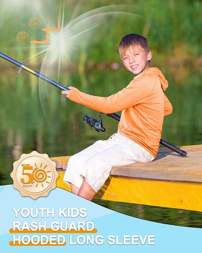 Roadbox Boys Rash Guard Hooded Fishing Shirt, Kids UPF 50+ Long Sleeve Sun Hoodie, Youth UV Protection Beach Swim Shirts