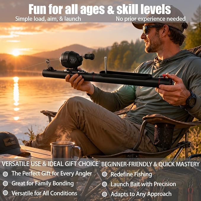 Catapult Fishing Rod – Metal Bait Launcher with Reel Seat, Long Distance Casting Tool for Ground Bait & Lure Delivery, Portable Design for Freshwater & Saltwater Fishing