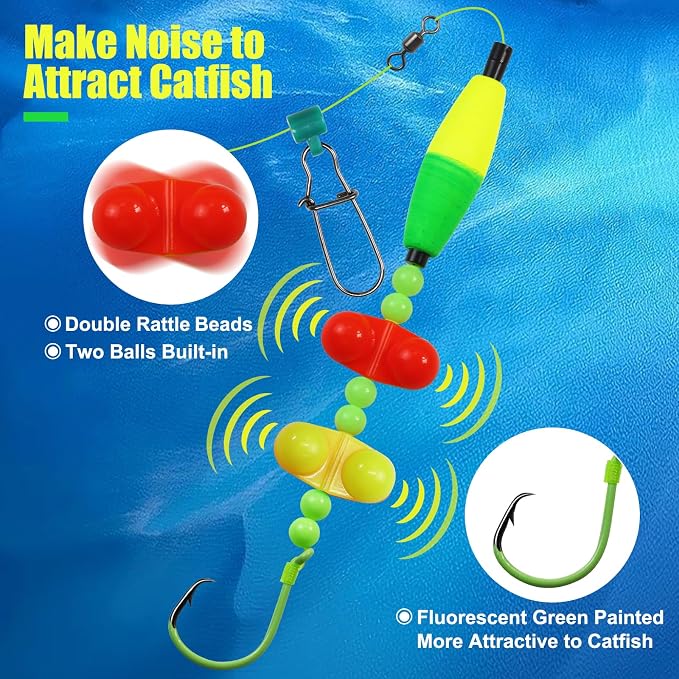 Catfish Rigs with 2oz Pyramid Sinker，High Carbon Circle Hooks 6/0 8/0，3/6pcs Catfish Float Rigswith Adjustable Bottom-lowering Device,Take Down Rigs for Catfish,Complete & Ready-to-Use Kit