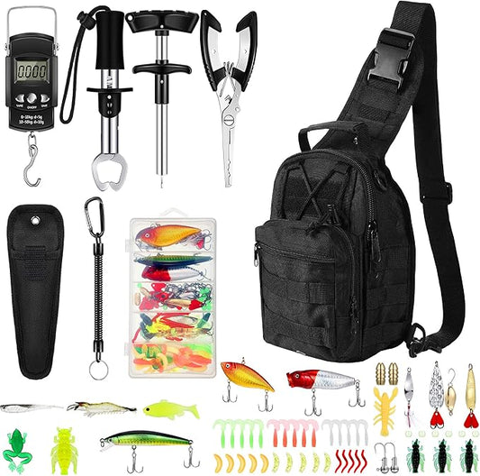 Sosation 134 Pcs Fishing Tool Fishing Tackle Box Kit and Equipment for Adults Beginner Gift, Hook Remover, Pliers Kit, Backpack Tackle Container Lures, Lip Gripper, Weigh Scale