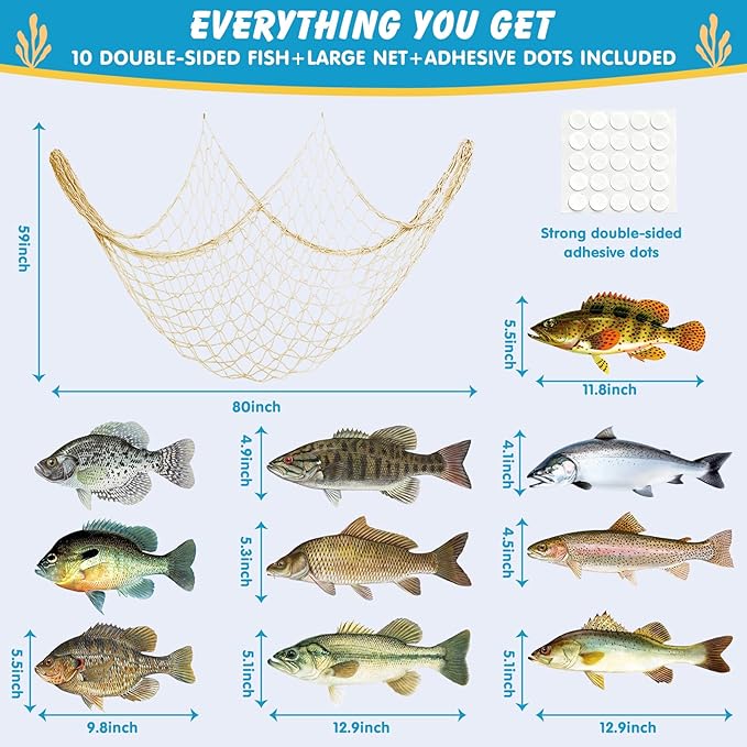 Gone Fishing Party Decorations Kit with Large Fishing Net & 10 Fake Fish Cutouts, Under The Sea Theme Wall Table Fish Decor for Avid Fisherman Birthday First Year Ocean Animal Photo Backdrop Supplies
