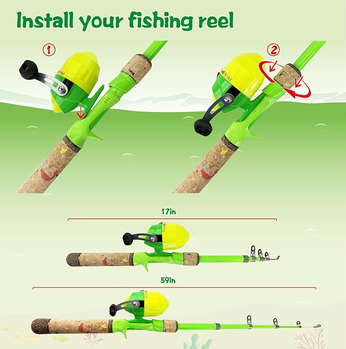Kids Rod Set, Kids Fishing Rod and Reel Combo and Fishing Net Tackle Box with Fishing Lure Hook and Bag for Girls Beginners, Kids, Youth Anglers