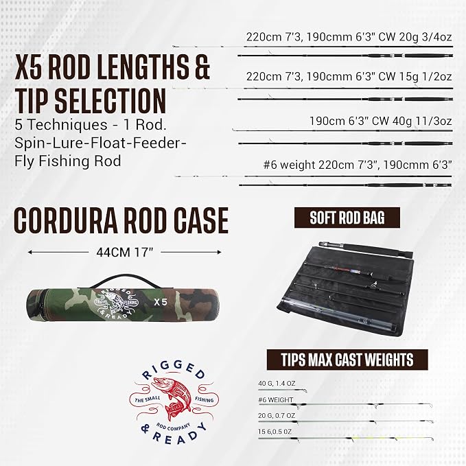 Rigged & Ready X Series™ Travel Fishing Rods. 6 Super Compact Combos and Rods, Multi-Functional, Spinning Poles. 5 to 25 Techniques from one Rod. Spin, Bass, Carp, Fly. Fresh & Saltwater Angling.