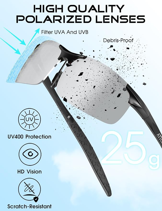 ATTCL 0.9 oz Polarized Sunglasses Men Sports: UV Protection Anti Glare Wrap Around Lightweight Metal Fishing Golf Running