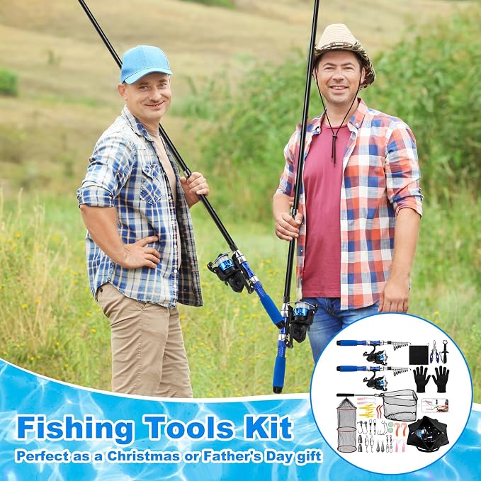 51 Pcs Father's Day Fishing Rods Combo 6.89ft Telescopic Freshwater Pole Set with Plier Lip Gripper Lures Carrier Bag Pre Loaded Spinning Reel with Freshwater Rod Reel Kit Men Gift