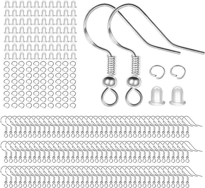 925 Sterling Silver Earring Hooks, 750PCS Earring Hooks Kit 250PCS/125Pairs Hypoallergenic Ear Wires with 250PCS Silver Open Jump Rings and 250PCS Rubber Backs Earwire for Jewelry Making