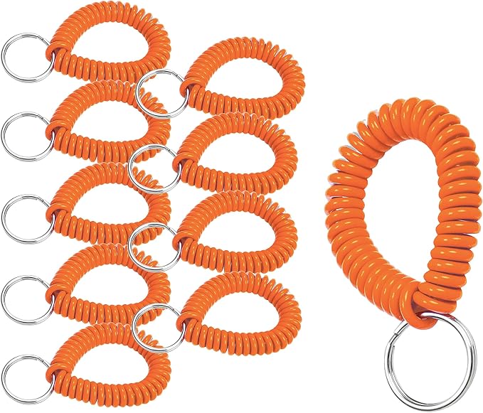 Lucky Line 2” Spiral Wrist Coil with Steel Key Ring, Flexible Wrist Band Key Chain Bracelet, Stretches To 12” Orange, 10 Pack (41050)