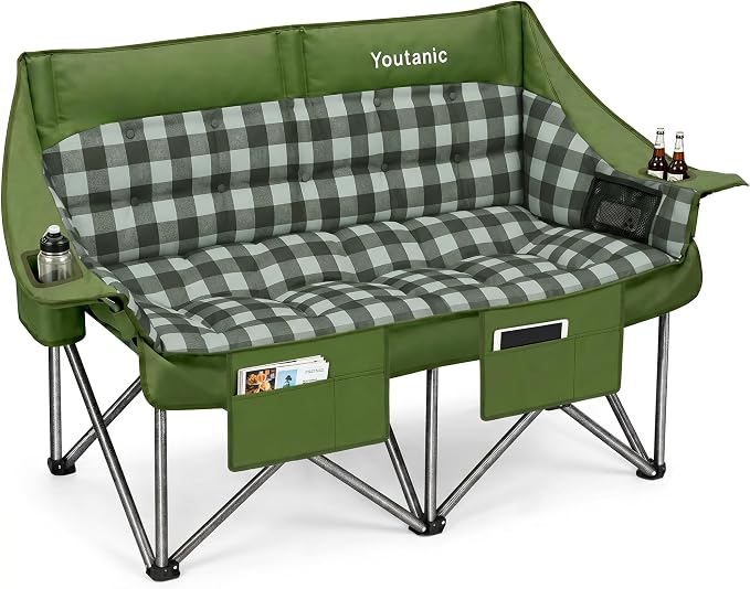 Youtanic 60" Extra Double Camping Chair, 700lbs Heavy Duty Padded Loveseat for Adults, Oversized 2 Person Folding Camp Couch with Dual Cup Holders, Portable Plaid Lawn Chair for Outside, Sports, Green