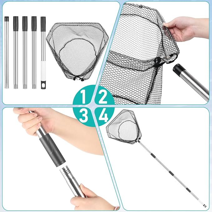 Fishing Net with Handle - 85-Inch Adjustable Extension Pole Fishing Net, Foldable Landing Net for Steelhead, Salmon, Fly, Kayak, Catfish, Bass, Trout Fishing, Essential Fishing Gear & Gifts for Men