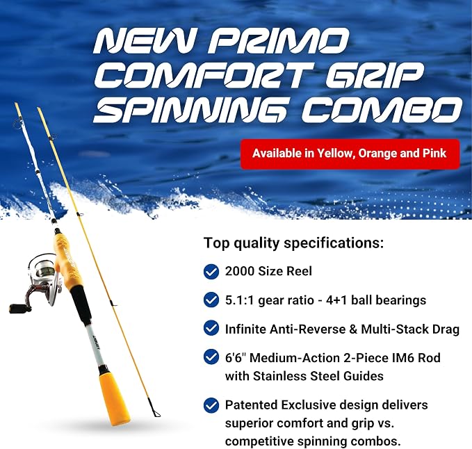Ardent Primo Comfort Grip Fishing Rod and Reel Combo, Yellow, 5.1:1 Gear Ratio and 4+1 Ball Bearings, 2000 Size Reels, Reduce Hand Fatigue and Irritation, Spinning Pole for Freshwater Fish