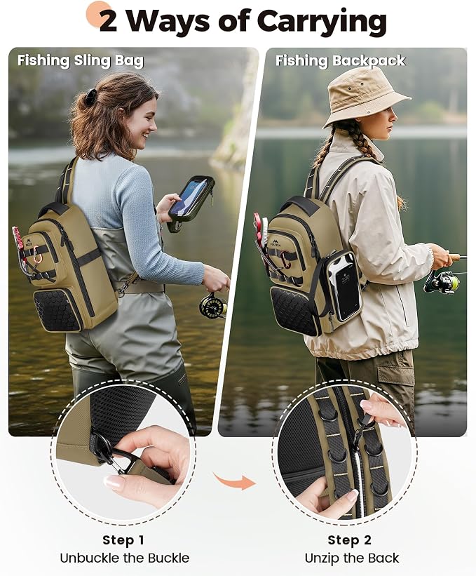 MATEIN Fishing Sling Bag with Lure Rod Holder & Phone Pouch, Waterproof 3600 Tackle Box Backpack with Removable Bait Binder