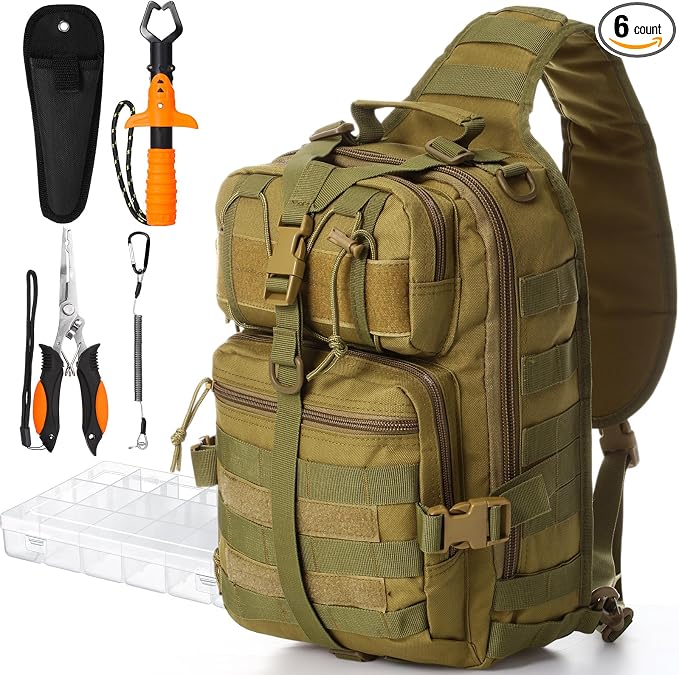Eccliy 6 Pcs Fishing Tackle Bag Backpack with Rod Holders, Tackle Box, Fishing Pliers Kit and Fish Lip Gripper, Fish Gear and Equipment Fisherman Gift for Men Women