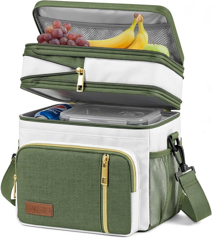 MIYCOO Lunch Bag & Lunch Box for Women Men - Double Deck Leakproof Insulated Soft Large Adult Camping Cooler Bag for Work, Beach, Picnic, Travel (Green White, 15L)