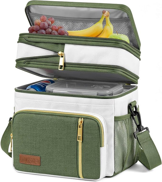 MIYCOO Lunch Bag & Lunch Box for Women Men - Double Deck Leakproof Insulated Soft Large Adult Camping Cooler Bag for Work, Beach, Picnic, Travel (Green White, 15L)