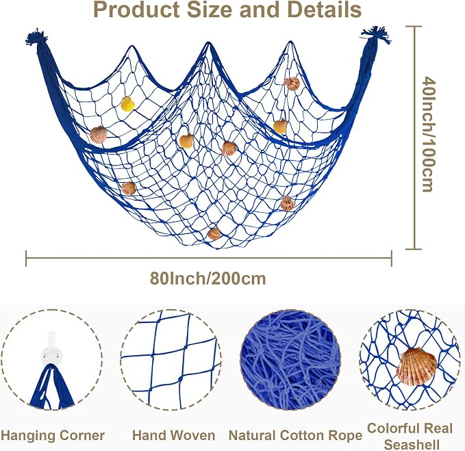 80x40 Inch Decorative Fishing Net w/Shells & Clips, 3mm Thickness Navy Blue Natural Cotton Large Photo Hanging Fishnet, Wall Party Decorations for Nautical Pirate Hawaii Mermaid Themed Party