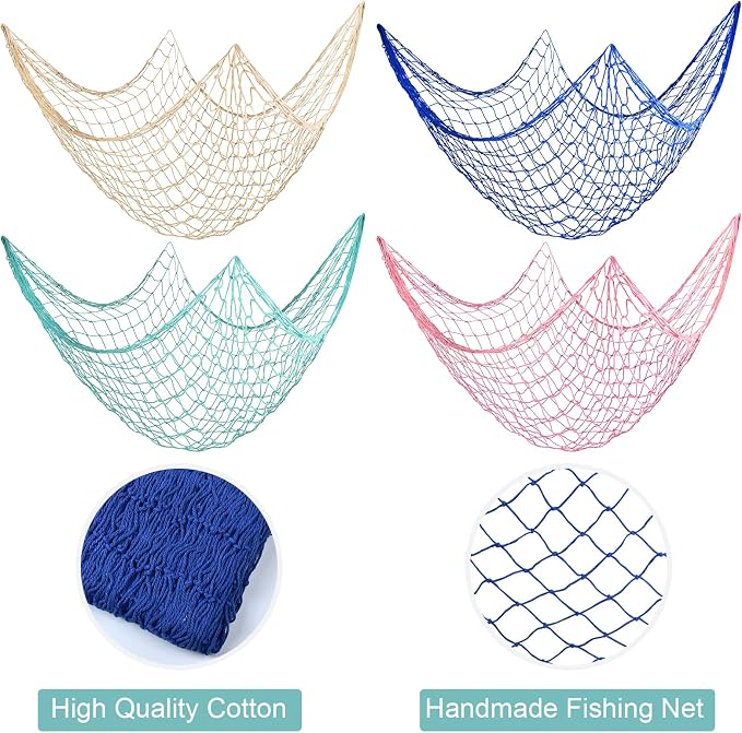 12 Pieces Natural Fish Net Decoration 80" x 40", Wall Hanging Cotton Fishnet Decor for Underwater, Mermaid, Pirate, Hawaiian, Nautical Ocean Theme Beach Bash Party Decoration (Beige, Blue, Pink, Aqua)