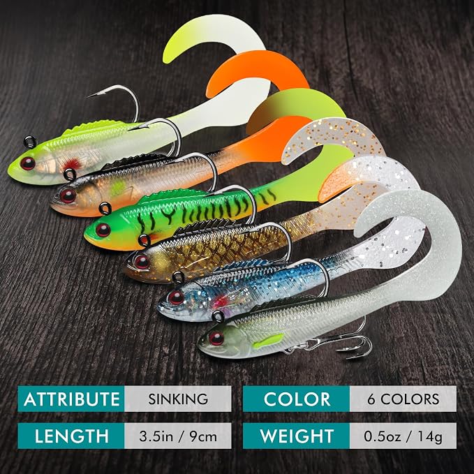 TRUSCEND Shadtale Easy Catch Soft Fishing Lures with BKK Hooks - Trembly Sinking and Vibrating Swim for More Bites, Pre-Rigged Swimbaits for Bass, Trout, Crappie, Walleye, Freshwater Saltwater Fishing