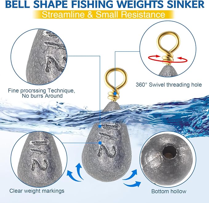 Bass Casting Swivel Bell Sinkers Fishing Weights Drop Shaped Fishing Sinkers Catfish Weights for Ocean Saltwater Surf Bass Casting Gear Tackle