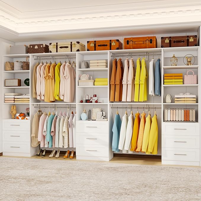 Closet System with 9 Drawers, 8.5FT-18FT Closet Organizer System Storage Storage Adjustable with 9 Cuttable Shelves for Walk in Closet with 9 Expandable Hanging Rods, 3 Sets , White