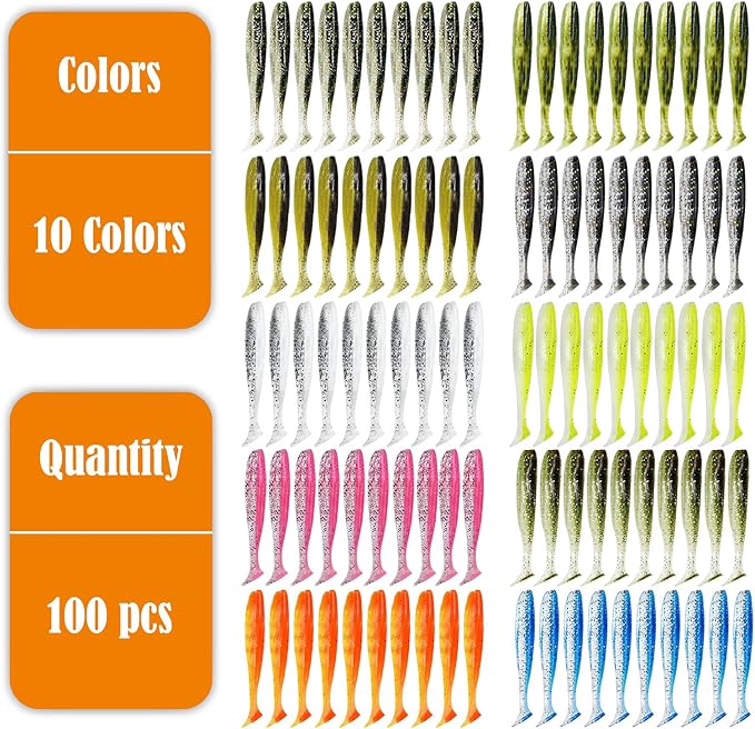 100pcs Paddle Tail Swimbaits Lures, Soft Plastic Fishing Lures Kit, 2.75" Bass Fishing Bait for Freshwater and Saltwater with Box