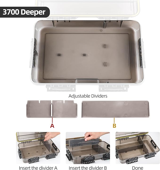 RUNCL Fishing Tackle Box, Waterproof Tray for Jigs Lures, Thicker Floating Tackle Utility Box with Adjustable Dividers, 3600/3700/Large 3700 Size