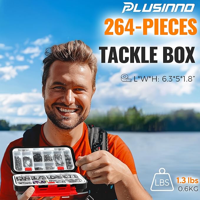 PLUSINNO 264pcs Fishing Accessories Kit, Organized Tackle Box with Tackle Included, Fishing Weights Sinkers, Jig Hooks, Swivels, Beads Combined into 10 Rigs, Fishing Gear Set for Bass Trout