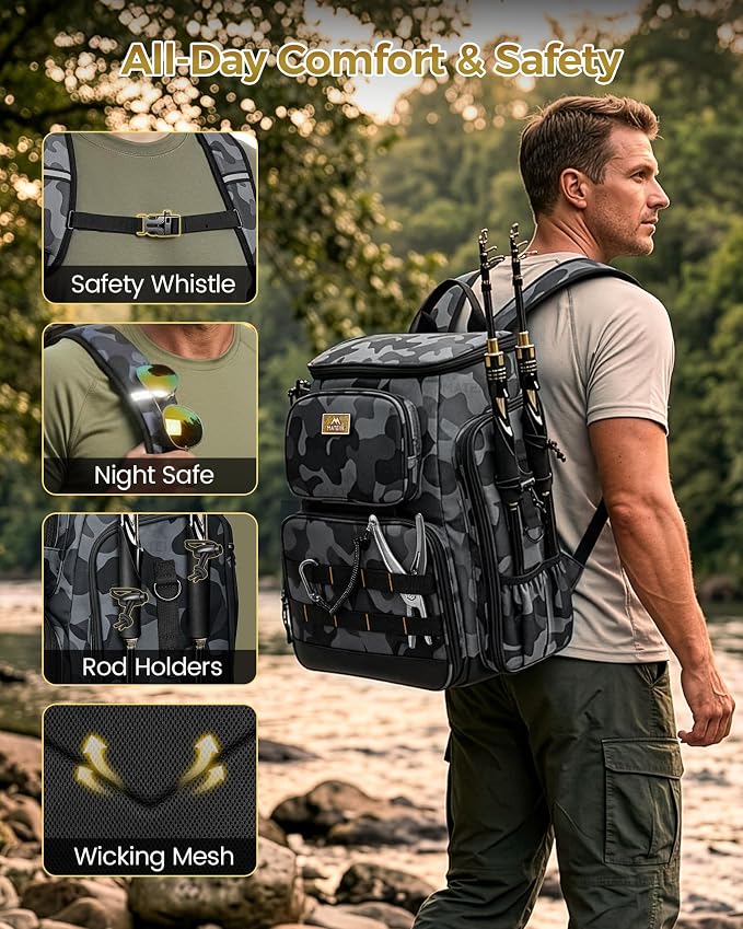 MATEIN Pro Fishing Backpack with 4 Tackle Boxes, 3600 Tackle Box Backpack with Rod Holder, Large Side Gear Storage & Cooler