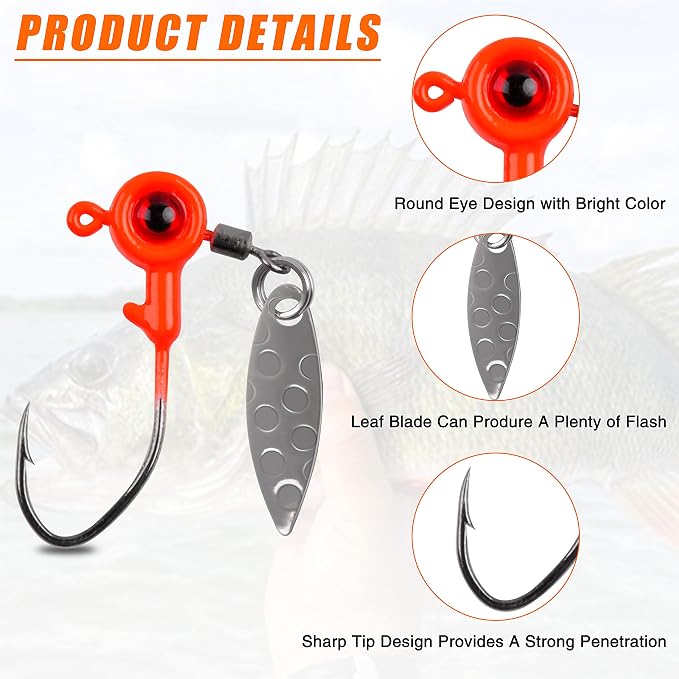 Crappie Jig Heads Fishing Lures Kit, 15pcs Underspin Jig Heads with Spinner Blade Crappie Lures Eye Ball Head Painted Fishing Jigs for Bass, Trout, Panfish, Sunfish