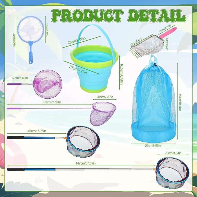2 Pack Telescopic Kids Fishing Net with Handle, 2 Collapsible Bucket Sand Pail, Stainless Steel Foldable Fishing Net Small Fishing Butterfly Bug Net Beach Shovel with Storage Bag