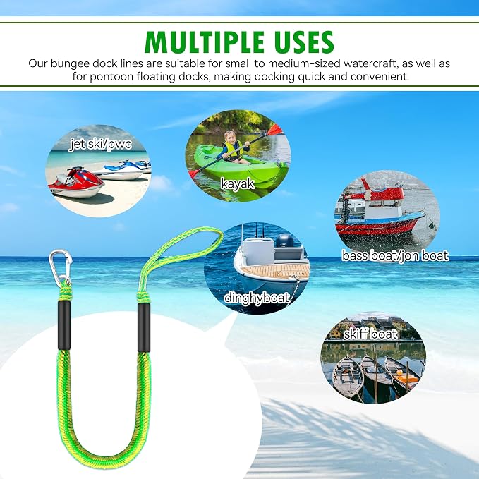 Boat Bungee Dock Lines – Adjustable Boat Tie Downs for Pontoon, Jet Ski, PWC, Kayak | Single Hook Small Cruiser Mooring Lines | (2, Green & Yellow, 4 Feet)