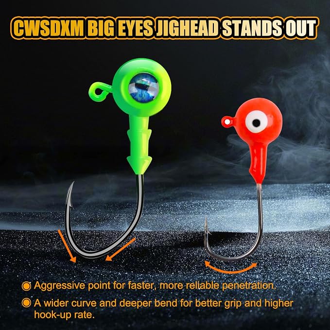 Round Jigs Heads for Fishing, 3D Eyes Ball Head Hooks with Stacked Cone Keeper, 1/8oz 1/5oz 1/4oz 3/8oz Crappie Jig Heads for Bass Fishing Trout Crappie Panfish Walleye