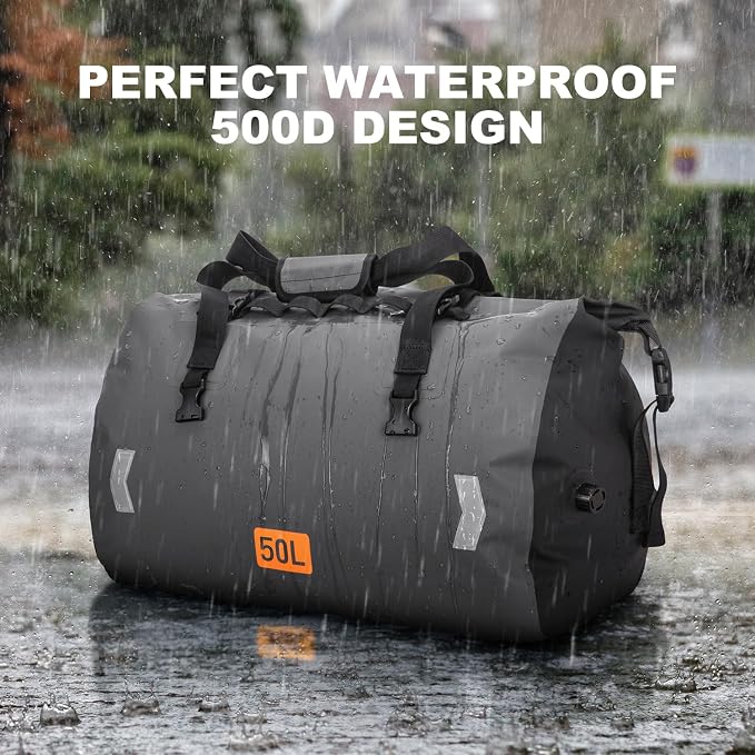 OCKLILY Waterproof Dry Bag, 50L Roll-top Motorcycle Tail Bag with Air Valve & Quick-fixed Straps, Travel Duffle Bags for Kayaking Paddle Boarding Rafting Boating Camping Riding Fishing - Grey