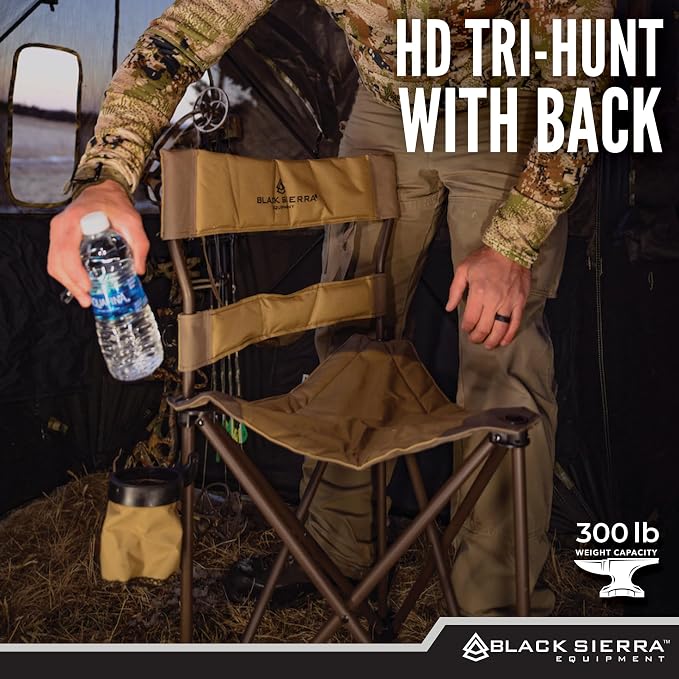 Black Sierra HD Tri-Hunt with Back Hunting Stool, Foldable Tripod Seat w/Steel Frame Supports 300 Lbs, Heavy Duty Fishing Chair Features Cup-Holder & Carry Shoulder Strap, for Camping